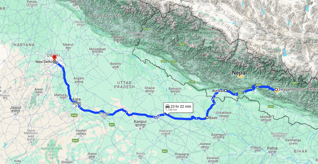 Kathmandu to Delhi Bus Route Map